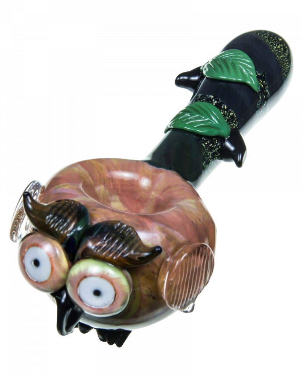 A detailed close-up of the Empire Glassworks "The Owl" Mini Glass Spoon Pipe, showing its sculpted design and dark glass finish.