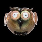 Front view of the Empire Glassworks "The Owl" Mini Glass Spoon Pipe, showing a detailed, sculpted owl head in colorful glass.