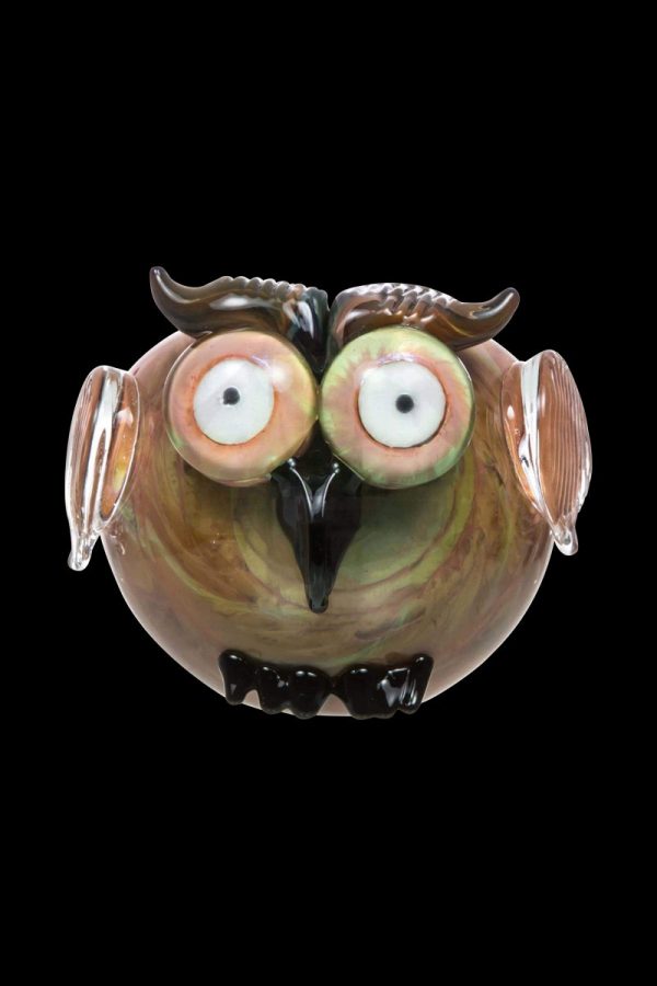 Front view of the Empire Glassworks "The Owl" Mini Glass Spoon Pipe, showing a detailed, sculpted owl head in colorful glass.