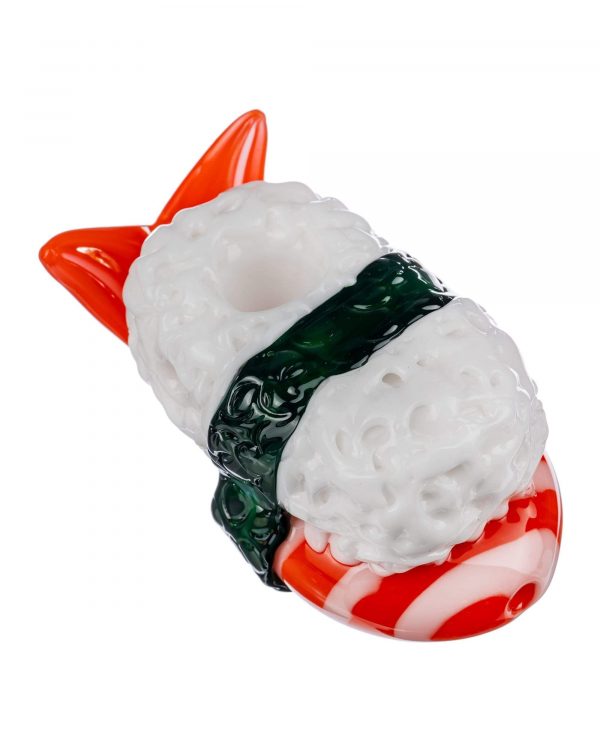 The Empire Glassworks Shrimp Nigiri Sushi Hand Pipe is displayed in a close-up, side view, resembling a piece of sushi.