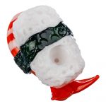 A close-up, angled view of the Empire Glassworks Shrimp Nigiri Sushi Hand Pipe, sculpted to resemble a piece of sushi.