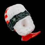 A slightly angled view of the Empire Glassworks Shrimp Nigiri Sushi Hand Pipe, resembling a miniature sushi roll in white and pink glass.