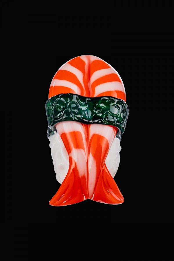 Front view of the Empire Glassworks Shrimp Nigiri Sushi Hand Pipe, a vibrant red glass sculpture resembling sushi.