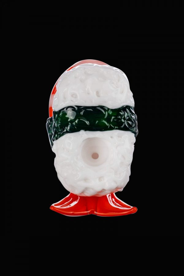 Front view of the Empire Glassworks Shrimp Nigiri Sushi Hand Pipe, a sculpted glass piece resembling sushi.