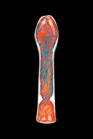 Glass cannabis oil rig with red and blue swirling patterns.