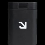 Black cannabis storage container with white logo.
