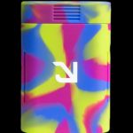 Colorful cannabis oil vaporizer pen with white logo.