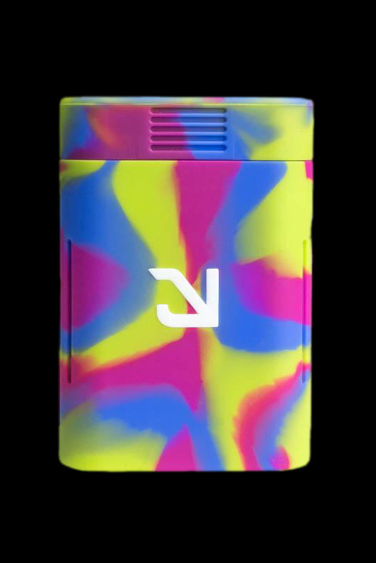 Colorful cannabis oil vaporizer pen with white logo.