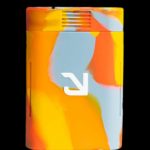 Colorful cannabis vaporizer with a white logo.