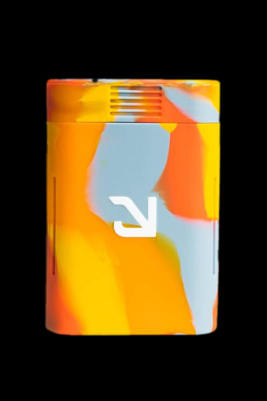 Colorful cannabis vaporizer with a white logo.