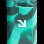 Teal silicone cannabis container with a white logo.