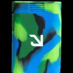 Blue and green silicone cannabis container with a white logo.