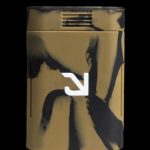 Brown cannabis storage container with a white arrow logo.