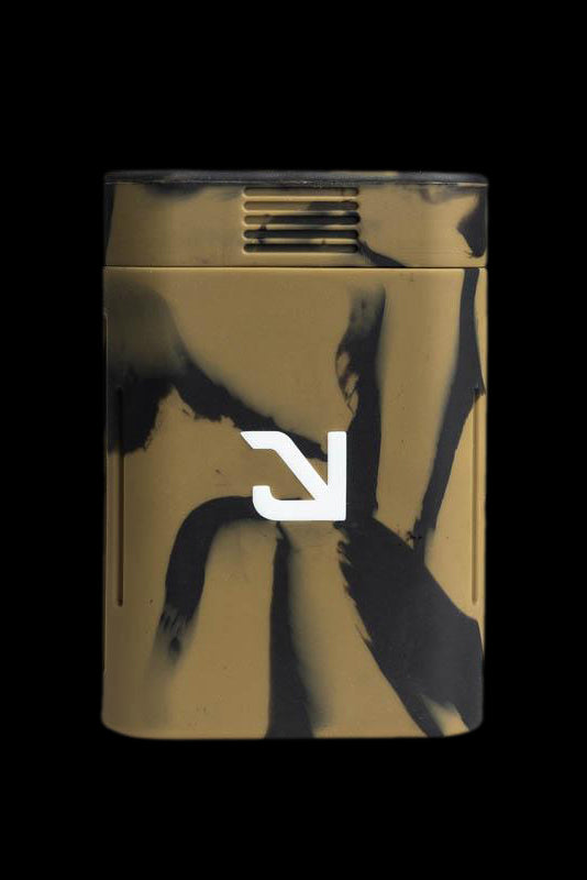 Brown cannabis storage container with a white arrow logo.