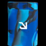 Blue and black silicone cannabis lighter with a white logo.