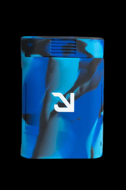 Blue and black silicone cannabis lighter with a white logo.