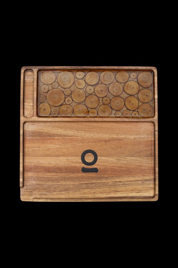 Wooden cannabis rolling tray with a mosaic inlay and branded logo.