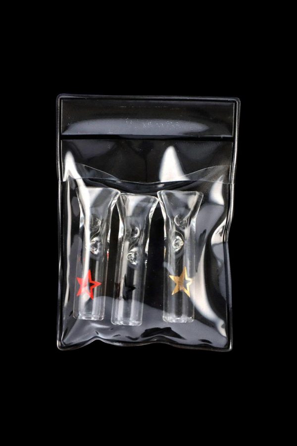 Front view of the Famous X Glass Filter Tips - 3 Pack, sealed in clear plastic packaging.