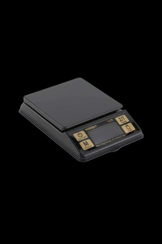 Black digital scale with buttons, likely for weighing cannabis."