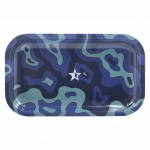 Front view of the Famous Brandz "Fabric" Rolling Tray, showcasing a patterned design on a dark blue surface.