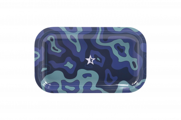 Front view of the Famous Brandz "Fabric" Rolling Tray, showcasing a patterned design on a dark blue surface.