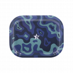 Overhead view of the Famous Brandz "Fabric" Rolling Tray displaying a vibrant, patterned design on a glossy surface.