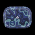 Top-down view of the Famous Brandz "Fabric" Rolling Tray, showing a colorful, swirling pattern on a flat surface.