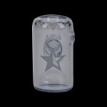 Clear glass bubbler with etched star and circular design.