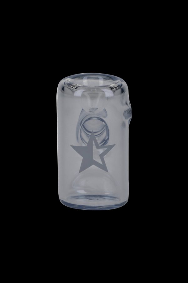 Clear glass bubbler with etched star and circular design.