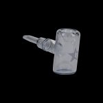 Clear glass bubbler with star decals, isolated on a black background.