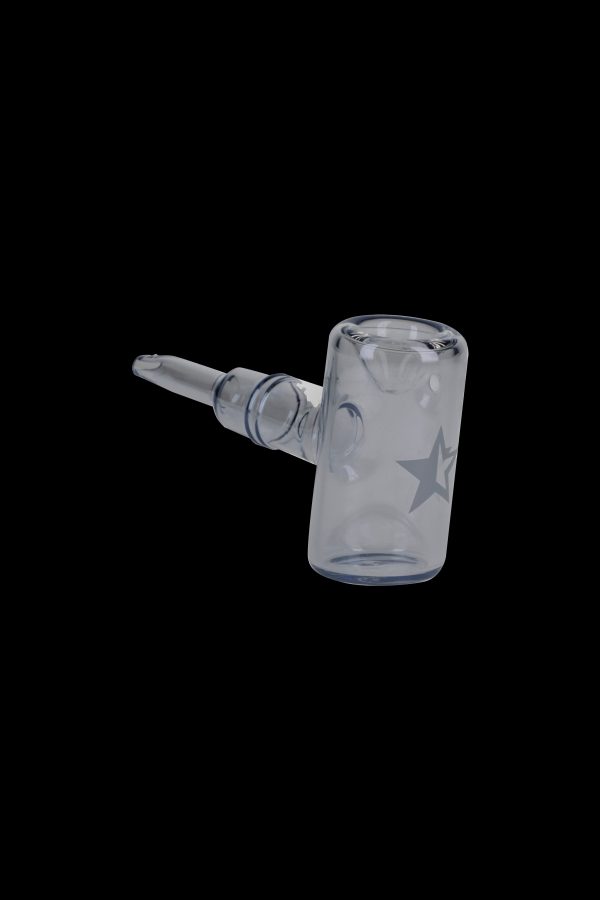 Clear glass bubbler with star decals, isolated on a black background.