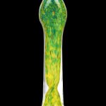 Green and yellow glass cannabis bubbler pipe against a black background.
