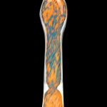 Hand-blown glass dab rig with orange and teal swirls.