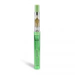 Green cannabis oil vape cartridge with visible oil level.
