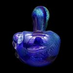Blue glass cannabis water pipe against a black background.