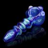 Blue glass pipe with intricate swirling patterns, isolated on a black background.