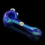 A vibrant blue glass pipe with iridescent glitter, isolated on a black background.