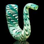 Green and white swirled glass cannabis pipe with a reflective surface.