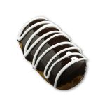 A close-up, angled view of the Glassheads "Sweet Eclair" Chillum with swirling white accents on its dark glass body.