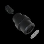 Black cannabis oil vape cartridge components disassembled, including mouthpiece, tank, and filter.