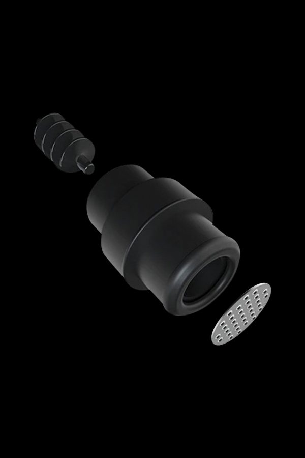 Black cannabis oil vape cartridge components disassembled, including mouthpiece, tank, and filter.