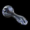 Glass pipe with swirling blue, white, and black patterns against a black background.