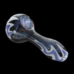 Glass pipe with swirling blue, white, and black patterns against a black background.