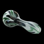Glass pipe with swirling green and white patterns on a black background.