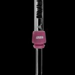 Glass oil burner pipe with a pink mouthpiece, branded “GRAV”.