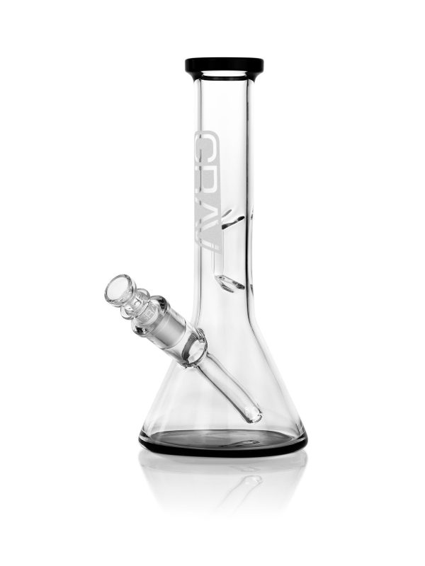 A front view of the GRAV® Small 8" Classic Beaker with Black Accents, showcasing its clear glass construction and simple beaker shape.