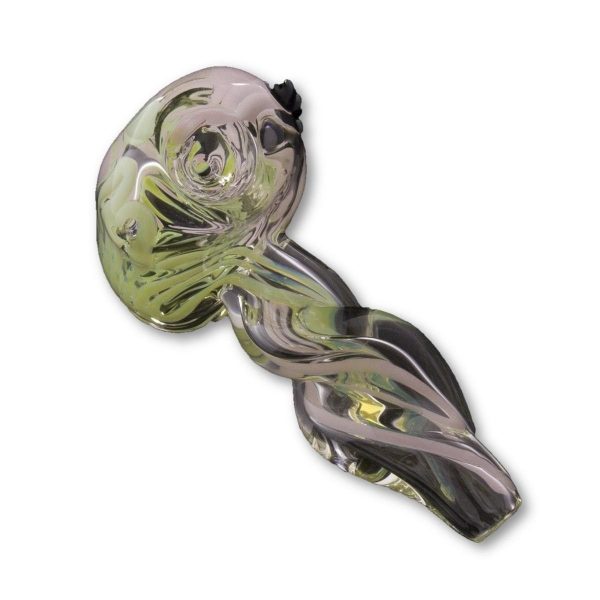 A close-up, angled view of the Green Slyme and Bubble Gum Inside-Out Pipe with Black Marbles, displaying its swirling, colorful glass design.