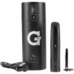 Front view of the Pro Vaporizer, a sleek, black pen-shaped device with a charging cable, against a plain white background.