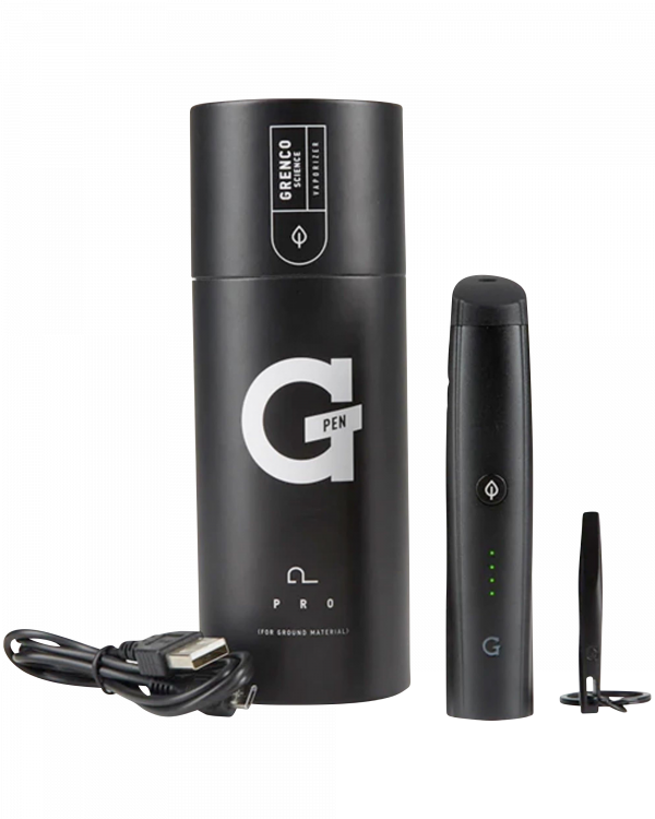 Front view of the Pro Vaporizer, a sleek, black pen-shaped device with a charging cable, against a plain white background.