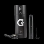 Front view of the Grenco Science Pro Vaporizer, a sleek, silver pen-style device against a dark background.